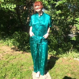 Vintage Teal Satin Pajama Ensemble